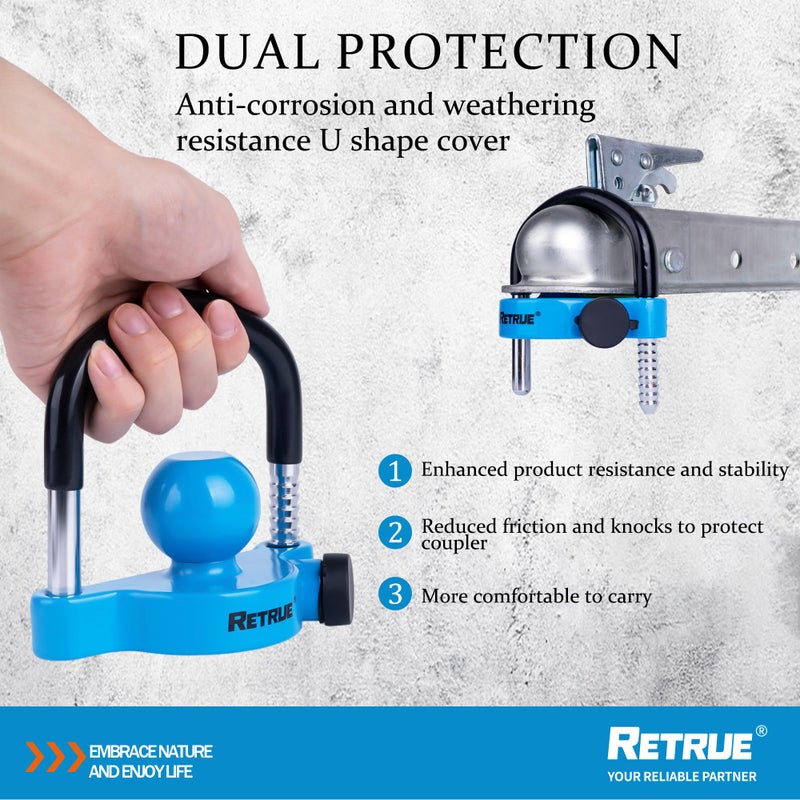 RETRUE Universal Trailer Ball Lock Hitch Coupler Locks Fits 1-7/8 Inch, 2 Inch, 2-5/16 Inch Couplers Adjustable Security with Weatherproof Cover and Cap, Blue - Image 4
